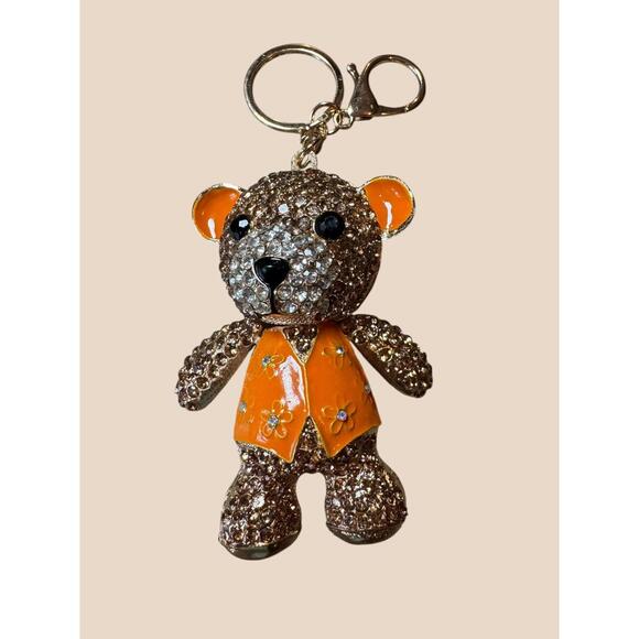 Handbags - Rhinestone Teddy Bear Keychain with Orange Enamel Vest